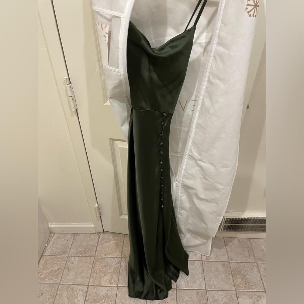 Billie Satin dress in deep olive, size 6